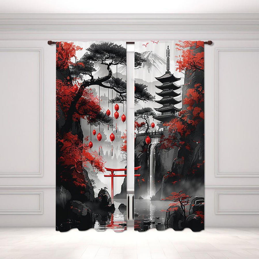 2-teiliger halbverdunkelnder Vorhang mit japanischem Landschafts- und Torii-Tor-Design aus Polyester, Mehrfarbig, Breite: 100 cm, Höhe: 130 cm - Bild 2