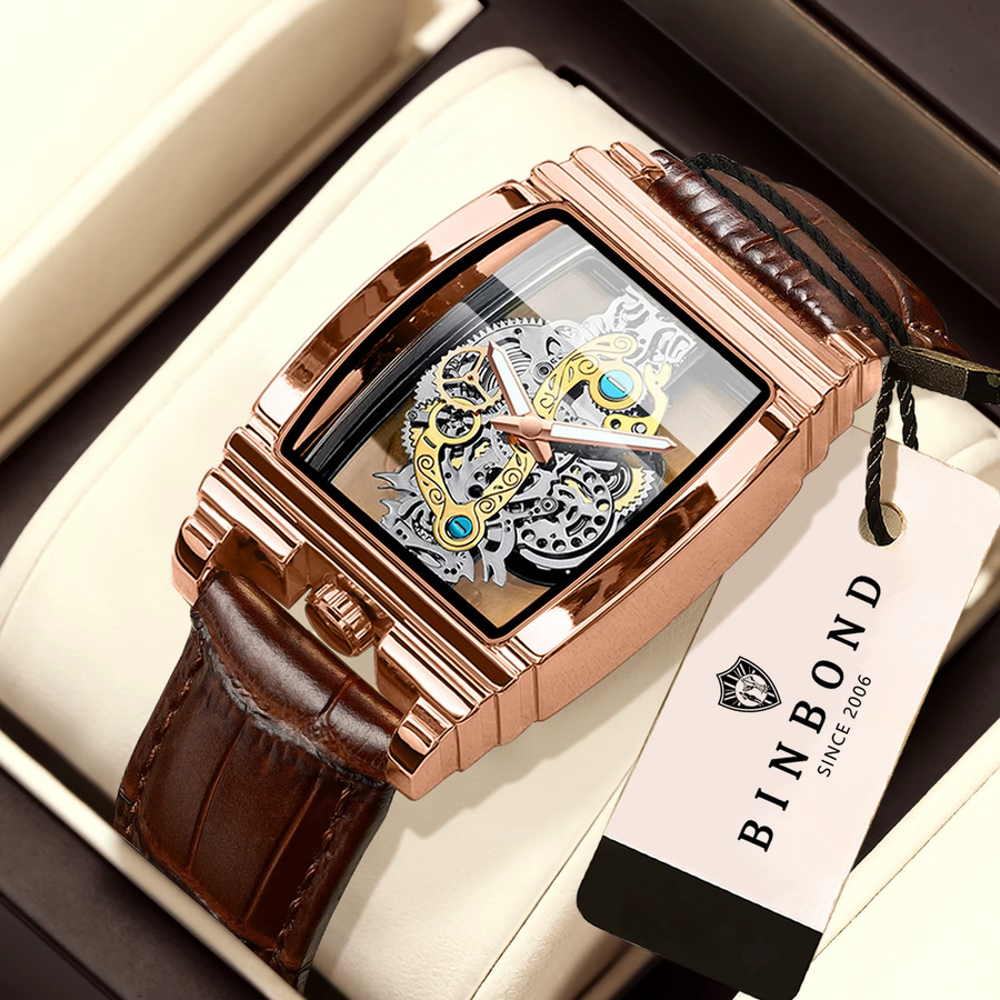 BINBOND Armbanduhr Quarz, Leder, Roségold, Schwarz, Herren - Bild 2