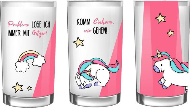 EinhornLiebe Trinkgläser aus Milchglas im 3er Set mit Einhorn-Design, Mehrfarbig - Bild 1
