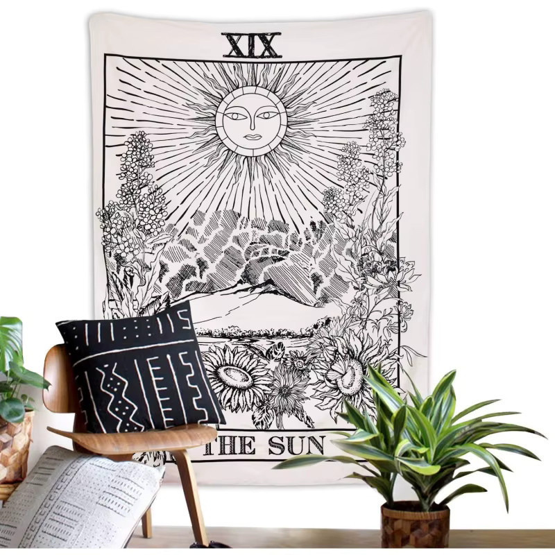 VIKAMA Sun Tarot Wandteppich in Schwarz-Weiß, Vintage Linienkunst Wanddekoration im Boho-Stil, Breite: 150 cm, Höhe: 150 cm - Bild 2