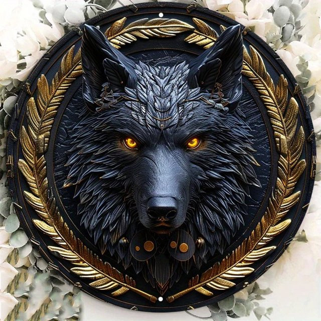 HELLOYOUNG Wolf Wanddekoration aus Metall, Rundes Metallschild mit Tier-Motiv, Wetterbeständig und Wasserfest, Durchmesser: 20 cm - Bild 1