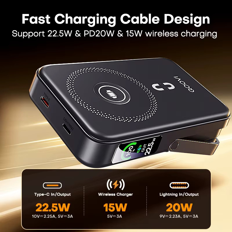 QOOVI Qi2 Wireless Power Bank 10000 mAh mit PD20W Schnellladefunktion, Tragbares Ladegerät in Schwarz für iPhone, Samsung, iWatch und AirPods - Bild 3