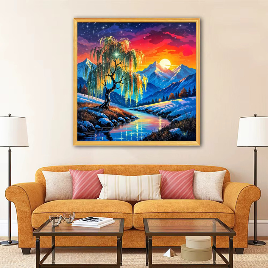 EverShine 5D Diamantmalerei DIY Mosaik-Set Landschaft mit Baum Weide Berg und Fluss in Multicolor - Bild 3