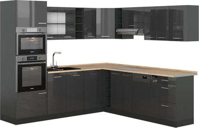 Vicco R-Line Eckküche in Anthrazit Hochglanz ohne Arbeitsplatte und Elektrogeräte - Bild 1