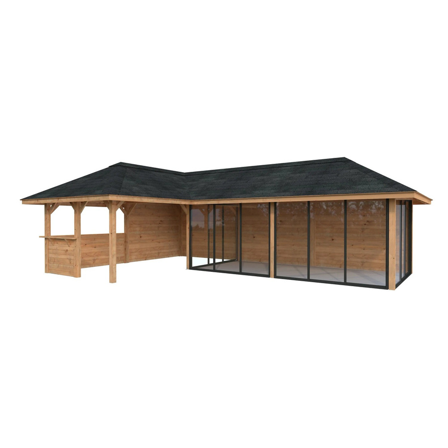 PALMAKO Pavillon Bianca Set 221 Slide aus Fichtenholz in Braun mit Alu-Schiebetüren und Eck-Tresenanlage, B/H/T: 876 x 319 x 588 cm - Bild 2
