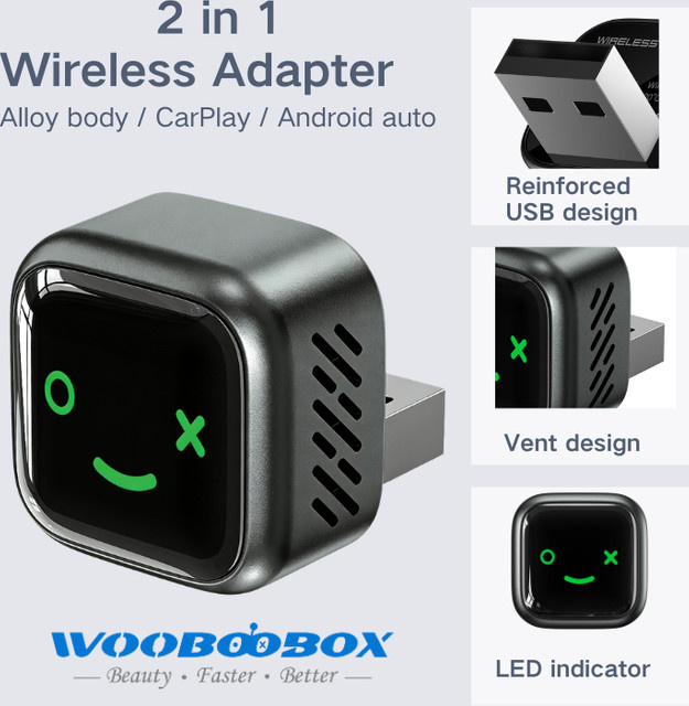 WOOBOOBOX Alloy Body 2in1 Wireless CarPlay und Android Auto Adapter in Schwarz für Mercedes, Skoda, VW, Mazda und Volvo - Bild 1