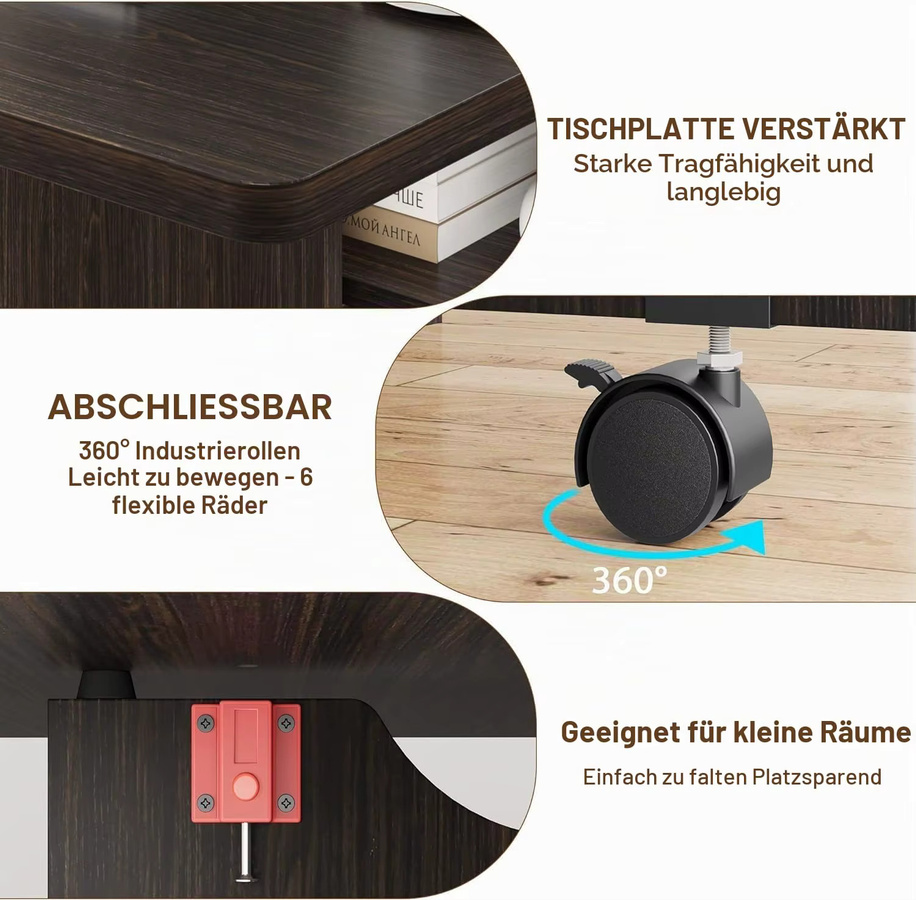 Litake Klappbarer Esstisch im Bauernhaus-Stil mit Aufbewahrungsregal und Rollen, Dunkle Walnuss, B: 130 cm, T: 80 cm, H: 75 cm - Bild 6