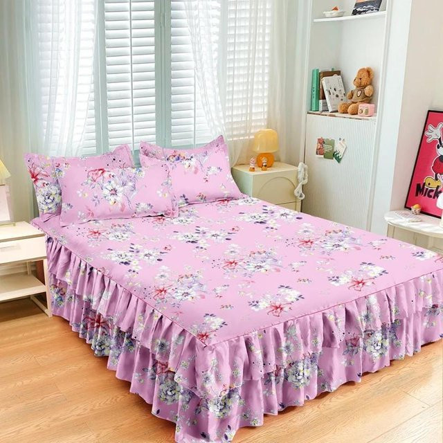 Bedset mit Rüschenrock und 2 Kissenbezügen in Pink mit floralem Print im Shabby Chic Stil - Bild 1