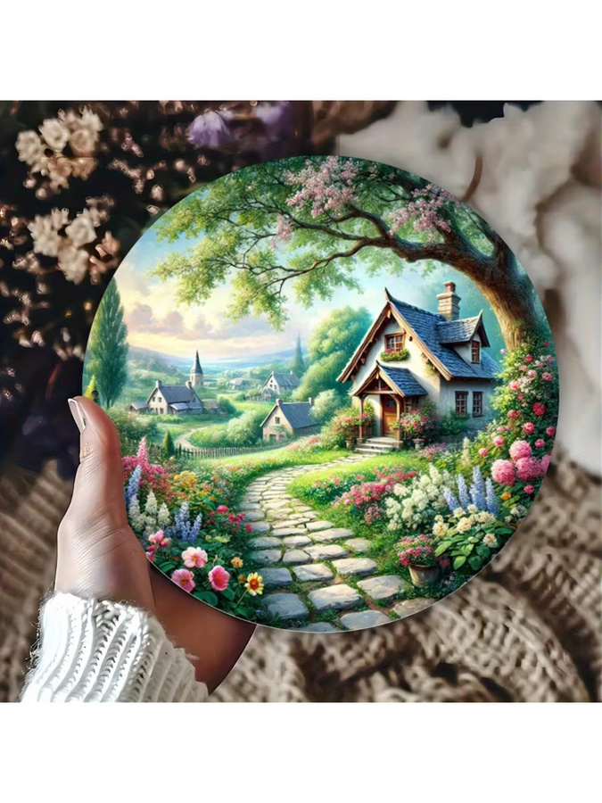 Rundes dekoratives Wandschild Potdemiel Cottage and Meandering Path aus Aluminium in Multicolour mit Vintage-Design und floralem Motiv, Durchmesser: 20 cm - Bild 6