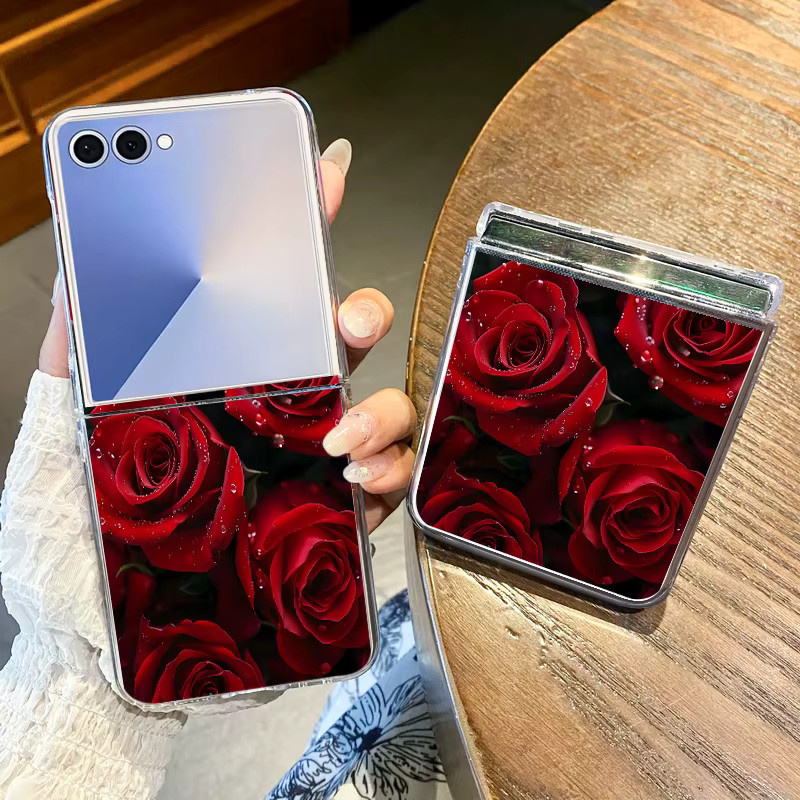 MOESOE Handyhülle mit rotem Rosenmuster für Samsung Galaxy Z Flip (Modelle Flip 3, 4, 5, 6, 7 FE), transparente Klarsichthülle aus hartem PC - Bild 2
