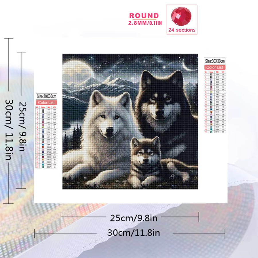 YUTTEE Diamant-Mosaik Wolf als rundes 5D-DIY-Stickbild mit Strasssteinen in Multicolour, Durchmesser: 20 cm - Bild 2