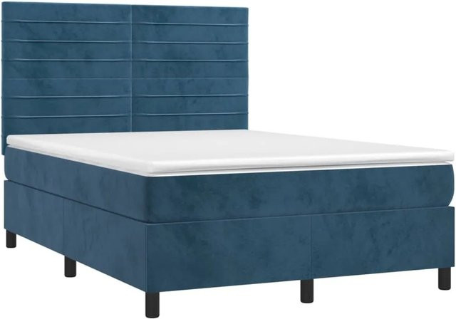 vidaXL Boxspringbett mit Matratze in Dunkelblau, Hybrid-Bett mit LED-Unterbettbeleuchtung und USB-Ladeanschluss, Samt, B/T: 140 x 200 cm - Bild 1