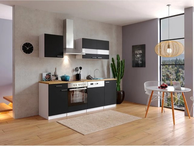 Respekta Küchenzeile KB220WSC modern in Schwarz-Weiß mit Glastüren und Soft-Close-Funktion, Breite: 220 cm, Höhe: 76 cm, Tiefe: 60 cm - Bild 1