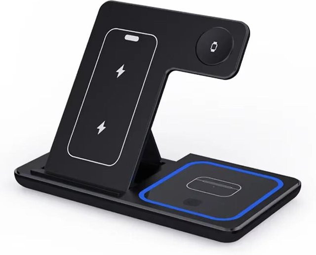 Meiteai-All 3-in-1 Faltbarer LED Schneller Kabelloser Ladeständer mit 30W Ladestation für Apple iPhone, Apple Watch und AirPods Pro in Schwarz - Bild 1