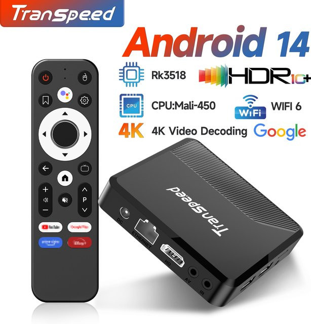 Transpeed Android 14 4K UHD Media Streamer Set-Top-Box in Schwarz mit Wi-Fi 6, Bluetooth 5.0 und Google Sprachassistent - Bild 1