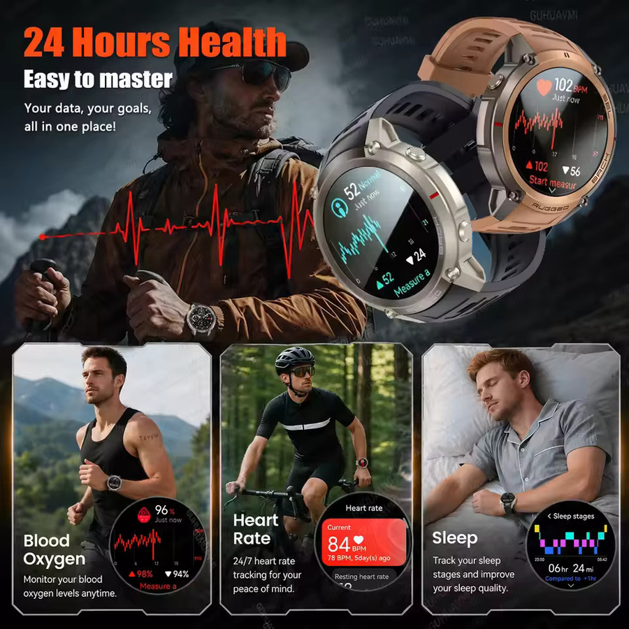 TAVYU Militär-GPS-Smartwatch für Männer mit 1,43 Zoll AMOLED Display, Bluetooth Anruffunktion, Kompass, 5ATM Wasserdicht, 500mAh Akku und 170+ Sportmodi, Schwarz - Bild 6