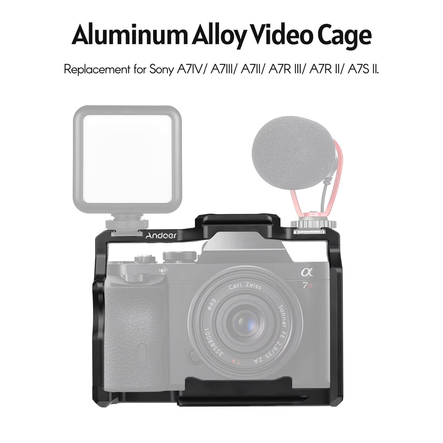 Andoer Kamerakäfig aus Aluminiumlegierung in Schwarz mit zwei Kaltschuhhalterungen und 1/4-Zoll-Gewinden für Sony A7IV und A7III - Bild 2