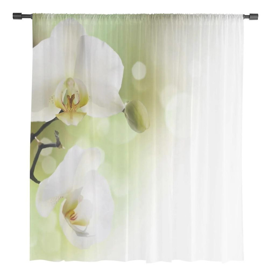 Yiran Furniture Transparente Vorhänge mit Phalaenopsis-Blumen in Weiß aus Tüll, Voile und Organza mit Ösen, Breite: 135 cm, Höhe: 115 cm - Bild 2