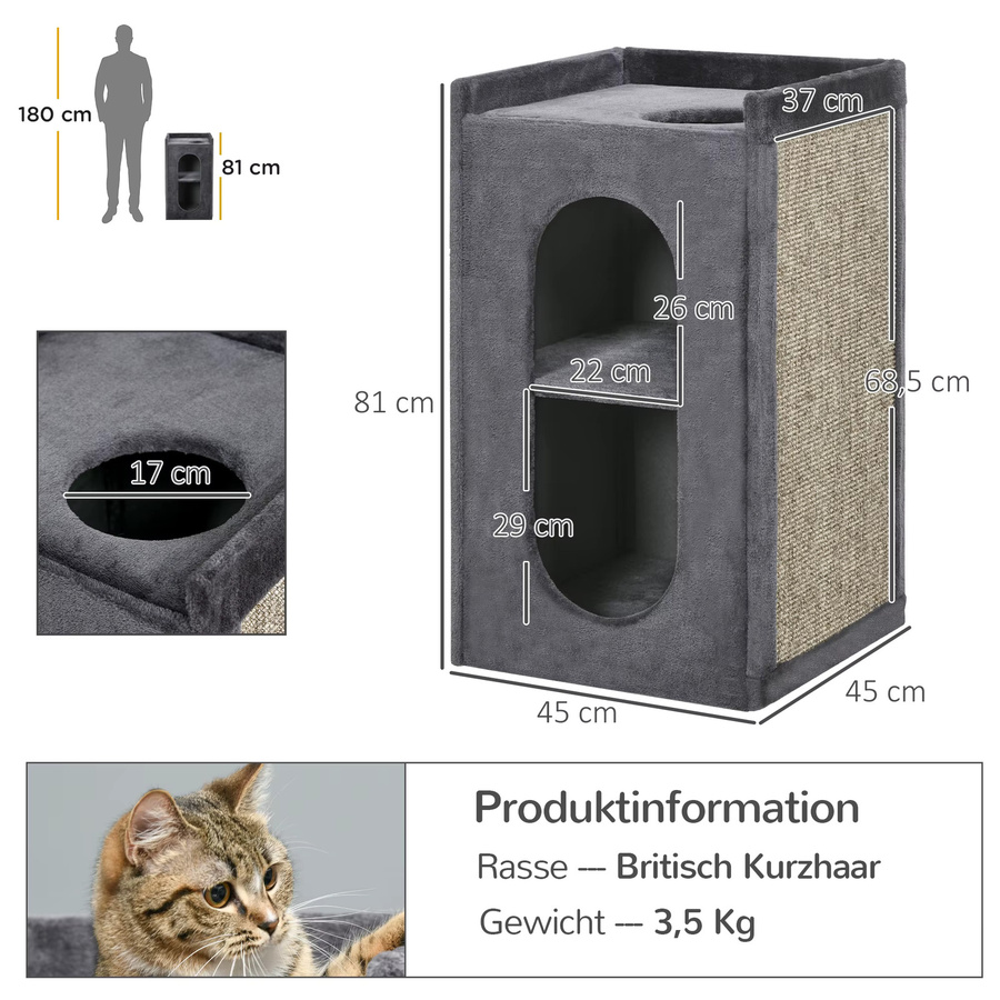 PawHut Kratztonne für Katzen in Grau mit 2 Katzenhöhlen, 2 Ebenen und Sisal-Kratzmatte aus Plüsch, B/T/H: 45 x 45 x 81 cm - Bild 4