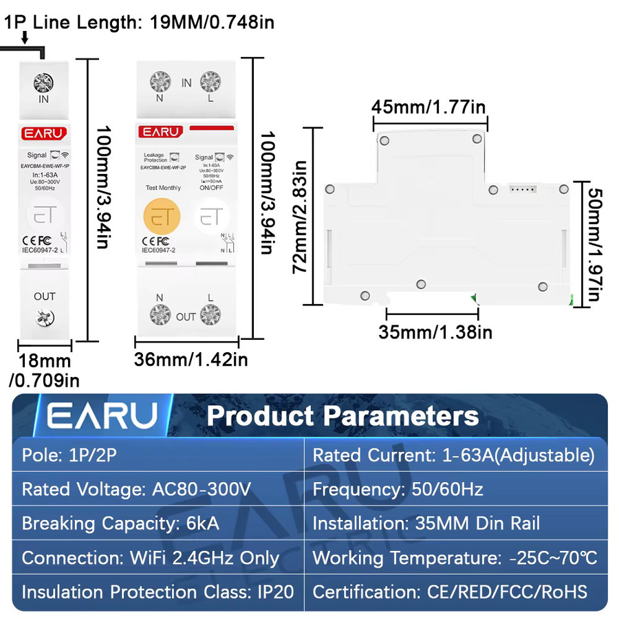 EARU EWeLink WiFi Smart MCB Schutzschalter mit Strom-Spannungs-kWh-Energiemesser und Erdleckschutzrelais in Weiß - Bild 2