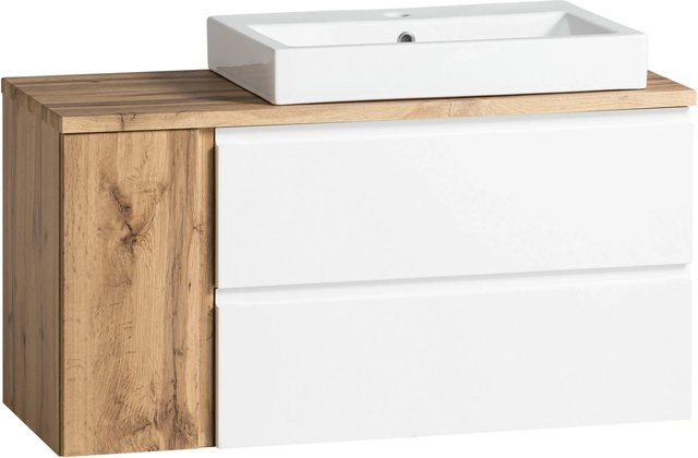 Held Möbel Waschtisch Ancona in Matt Weiß-Wotaneiche mit Keramikbecken rechts, Breite: 105 cm, Höhe: 65,5 cm, Tiefe: 47 cm - Bild 1