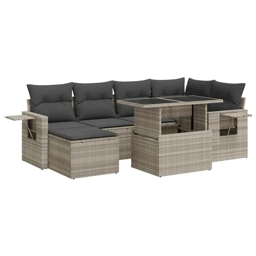 vidaXL 7-teilige Garten-Sofagarnitur in L-Form aus hellgrauem Poly-Rattan mit UV-beständigen Kissen und pulverbeschichtetem Stahlgestell - Bild 2