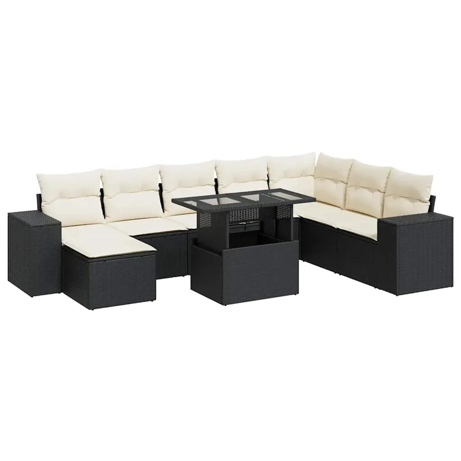 vidaXL 9-tlg Garten-Sofagarnitur in L-Form aus Poly-Rattan mit Kissen in Schwarz und Cremeweiß - Bild 2
