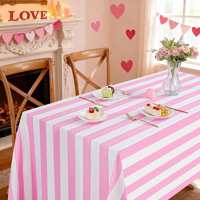 JINGYUE Pet Tischdecke rechteckig mit rosa und weißem Streifenmuster, wasserabweisend und waschbar, B/T: 140 x 140 cm - Bild 1