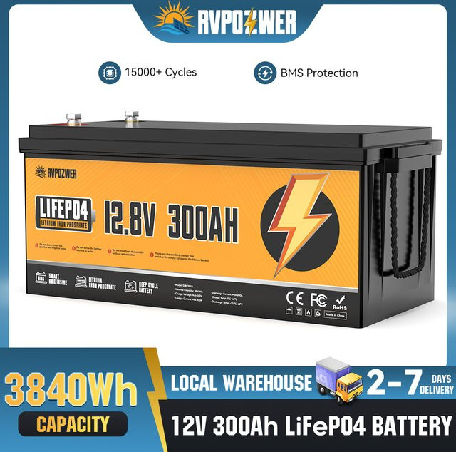 RVPOZWER LiFePO4 Batterie 12V 300Ah 3840Wh mit Smart BMS für Heimenergie, Wohnmobile und Trolling-Motoren - Bild 1