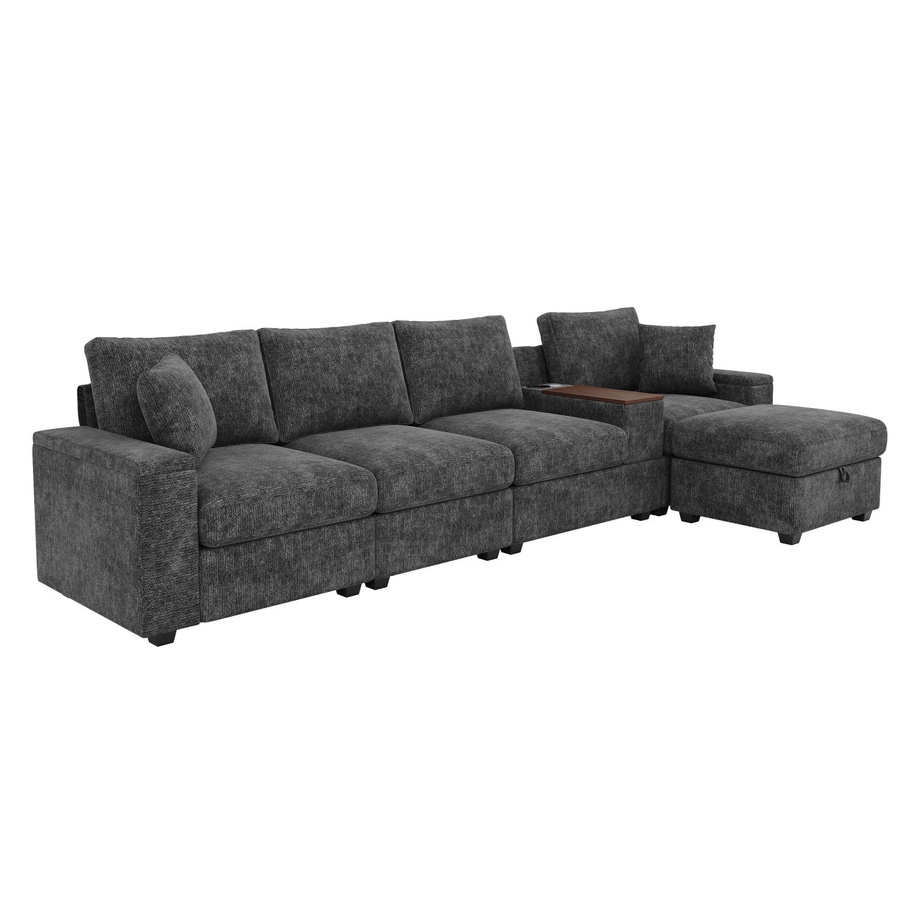 Merax Ecksofa L-Form in Grau mit USB-Ladefunktion, Stauraum und passendem Ottoman - Bild 2