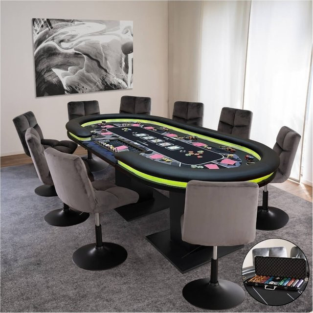 HOME DELUXE LED Pokertisch STRAIGHT FLUSH Set in Schwarz mit Pokerkoffer und 6 Stühlen für 9 Personen - Bild 1