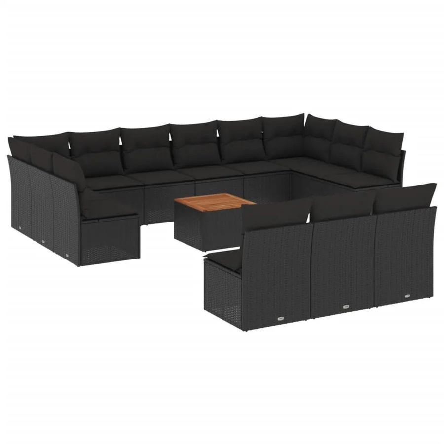 vidaXL 14-tlg Garten-Sofagarnitur aus Poly-Rattan und Akazienholz in Schwarz mit Kissen Modell 17 - Bild 2