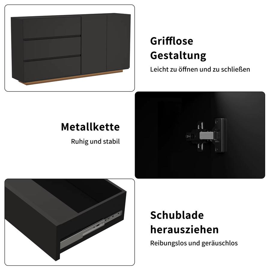 Simurq Moderner Aufbewahrungsschrank in Schwarz mit Hochglanz-Finish, Esszimmer-Sideboard mit 2 Türen und 3 Schubladen, B/H/T: 160 x 76 x 35 cm - Bild 6