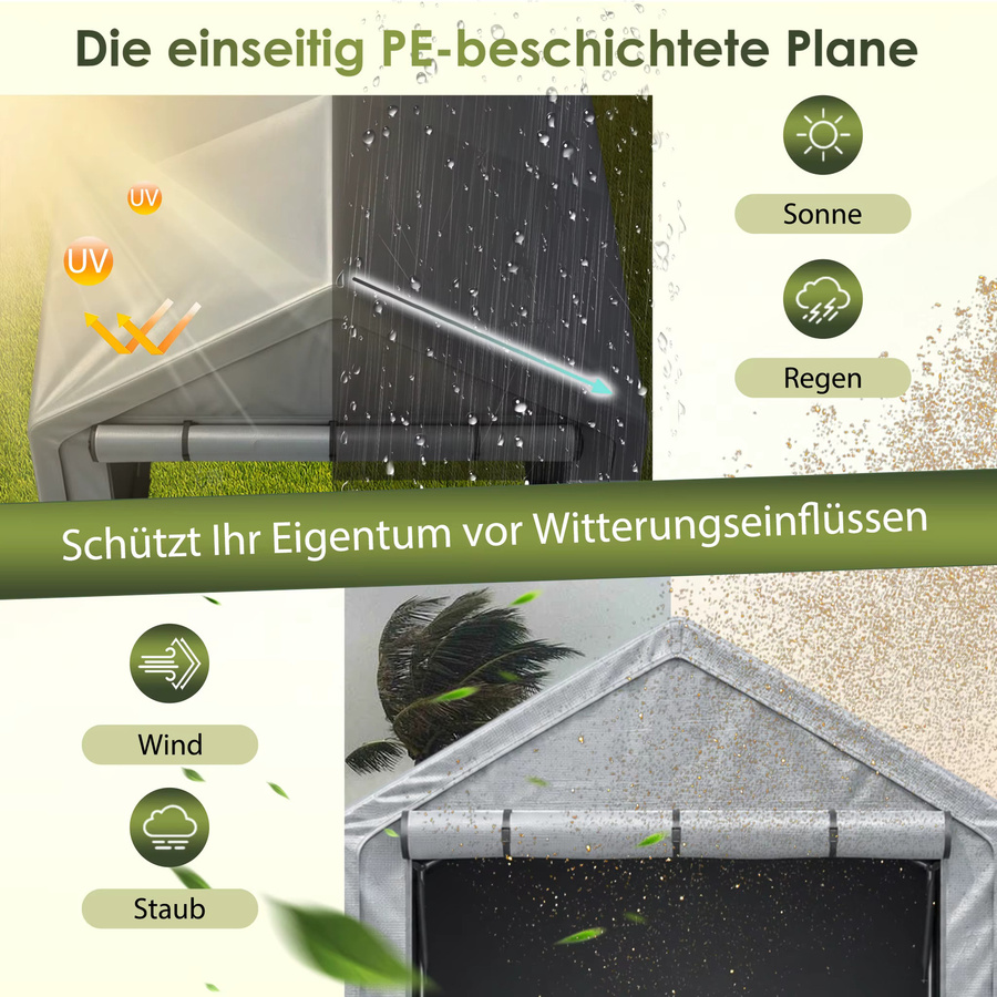 GIHAUVIA Carport-Garagenzelt Grau, wasserdichtes und UV-beständiges Outdoor-Lagerzelt mit aufrollbaren Reißverschlusstüren, B/T/H: 296 x 190 x 200 cm - Bild 3