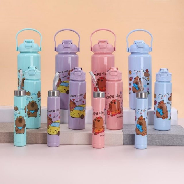 3er-Set Capybara Trinkflaschen mit Stroh für Sport und Outdoor, Pink und Multicolour, Edelstahl-Trinkbecher für Kinder und Studenten - Bild 1