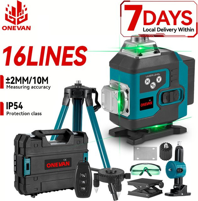 ONEVAN Green Line Laser-Wasserwaage mit 16 Linien, 360 Grad, selbstnivellierend, inklusive 1-Meter-Stativ, Farbe: Grün - Bild 1