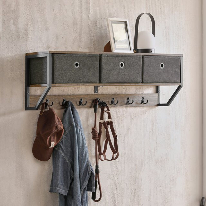 SoBuy Wandgarderobe im Industrial Design mit 3 Körben und 7 Haken, B/T/H: 100 x 30 x 20 cm - Bild 1