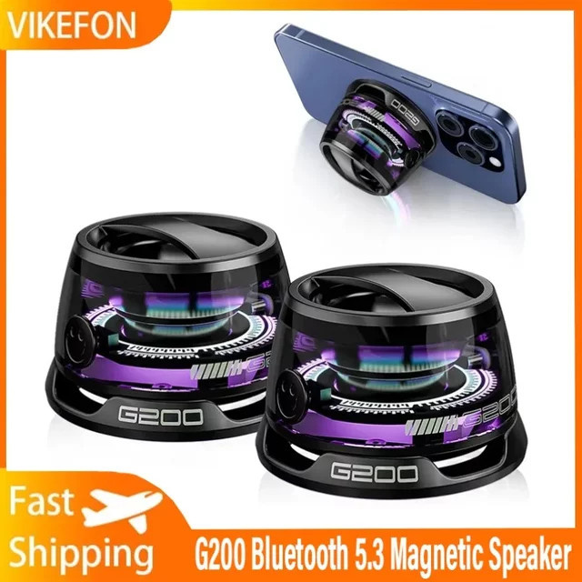 VIKEFON Mini-Reisestereo-Lautsprecher mit Bluetooth, magnetisch, RGB-Farblicht und Telefonhalter für iOS, Weiß/Multicolor - Bild 1