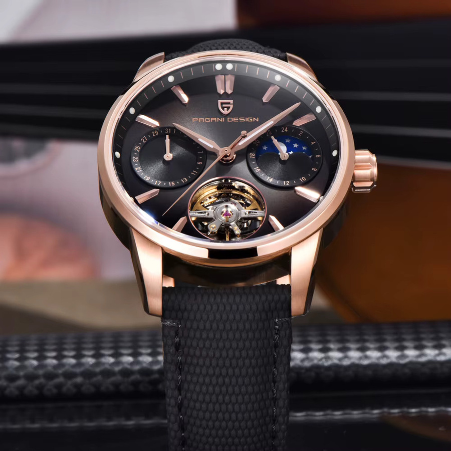 PAGANI DESIGN Armbanduhr, Automatik, Roségold, Mondphase, Leder, Herren - Bild 5