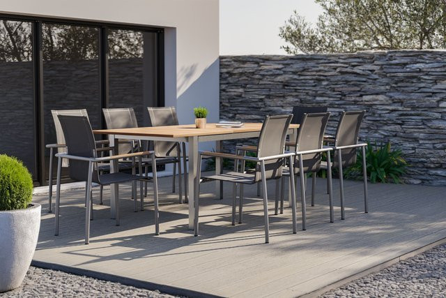 OUTFLEXX Garten-Essgruppe mit 8 Diningsesseln aus Teakholz, Edelstahl und Textilene in Anthrazit und Natur, Ausziehtisch B: 150 bis 200 cm, T: 90 cm, H: 75 cm - Bild 1