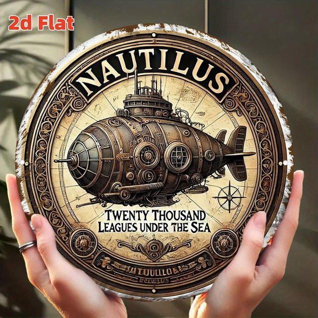 Potdemiel Vintage Nautilus U-Boot Wandkunst aus Metall mit antikem Kompass-Design, Mehrfarbig, B/B: 19,79 x 19,79 cm - Bild 1