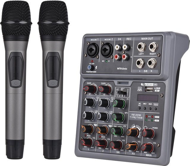 TOMTOP JMS 6-Kanal Audiomixer Mischpult mit 2 drahtlosen Mikrofonen, Bluetooth und OTG, 4 DSP-Szeneneffekte, Schwarz - Bild 1