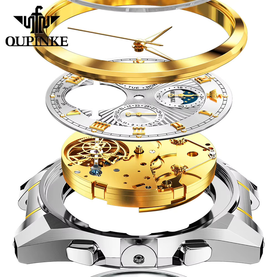 OUPINKE Armbanduhr, Automatik, Edelstahl, Mondphase, Herren, Blau, Gold - Bild 3