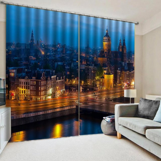 Yiran Furniture Stadtnachtszene Vorhänge mit moderner urbaner Architektur, 2er-Set, halbtransparent, Polyester, Mehrfarbig, Breite: 65 cm, Höhe: 60 cm - Bild 1