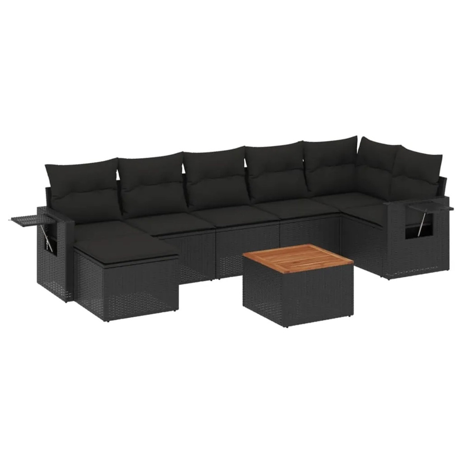 vidaXL 8-tlg Garten-Sofagarnitur in L-Form aus Poly-Rattan und Akazienholz mit Kissen, Schwarz - Bild 2