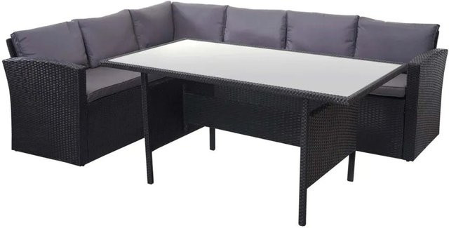 MCW Poly-Rattan Gartengarnitur A29 Lounge-Esstisch-Set in Schwarz mit dunkelgrauen Kissen - Bild 2