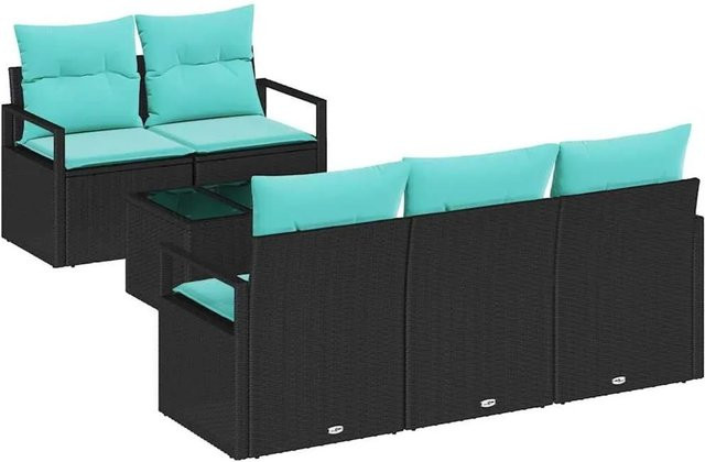 vidaXL 6-teiliges Gartenmöbel Set aus Poly Rattan in Schwarz und Türkis mit L-Form, Polstersofa, Eckelementen und Couchtisch für Terrasse und Balkon - Bild 1