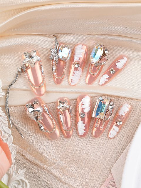 XEERCOOU Press-on-Nägel, pink, Glitzerdiamanten, Glänzend, 10 Stück - Bild 1