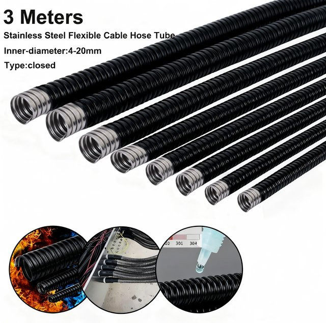 Flexibles Wellrohr aus Edelstahl 304 mit PVC-Beschichtung für den Kabelschutz, Schwarz, Länge: 3 m, Durchmesser: 4 mm bis 20 mm - Bild 1