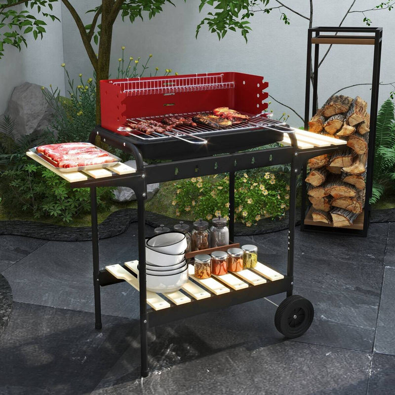 Outsunny Holzkohlegrill BBQ Smoker aus Metall in Rot mit Rädern und Holzablage, B/T/H: 103 x 47 x 95 cm - Bild 4